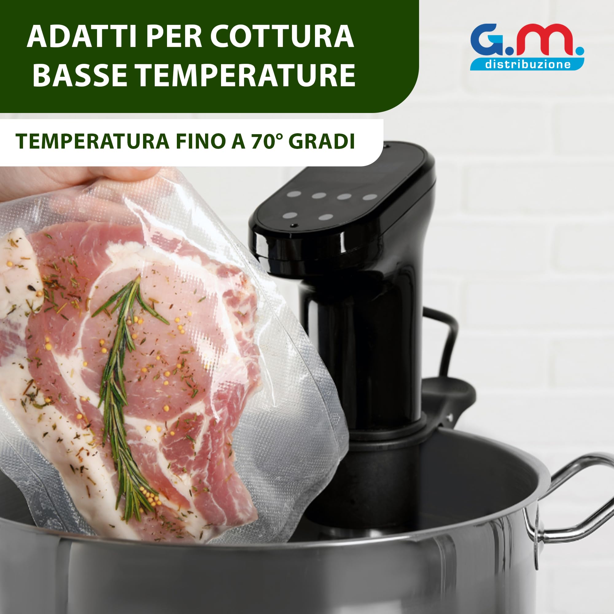 GM 100 Sacchetti Sottovuoto Goffrati per Alimenti 15x25(50) 20x30(50) Buste Sottovuoto Adatte per Cottura Bassa Temperatura, per tutte le Macchine, Senza BPA