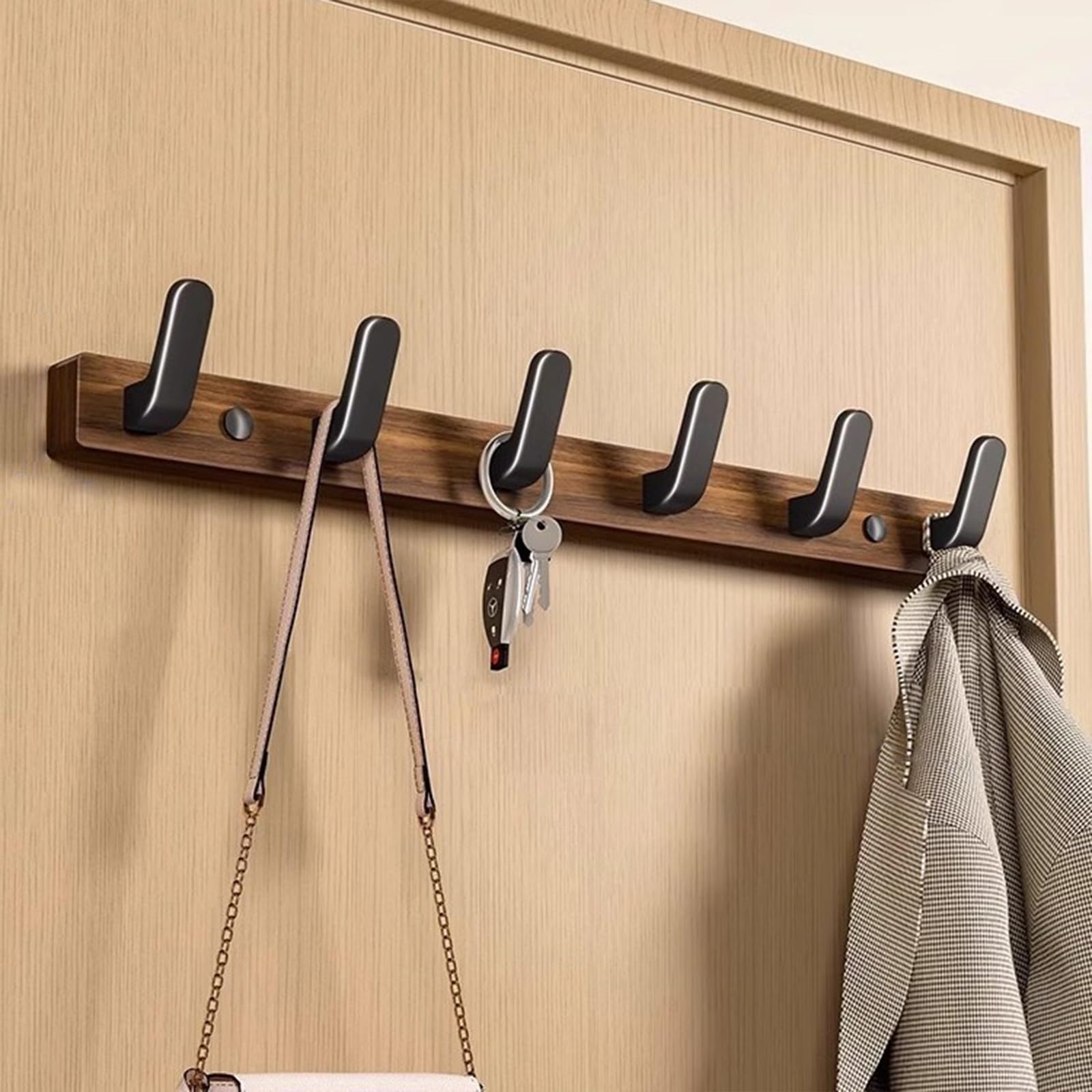Lxoraziy Wall-Mounted Coat Rack - Walnut Coat Rack Hook, Heavy Duty Wooden Wall Coat Hanger with 6 Coat Hooks for Hanging Coats, Hats, Clothing, Scarfs