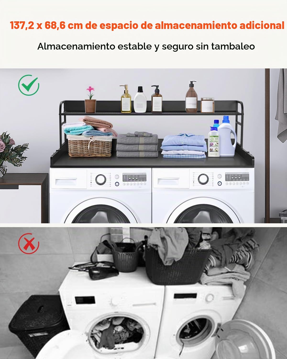 VEVOR Encimera para Lavadora y Secadora con Estante de 2 Niveles Encimera de Madera 137x70 cm para Lavadora y Secadora con Almohadillas Antideslizantes para Organización Almacenamiento, Negro