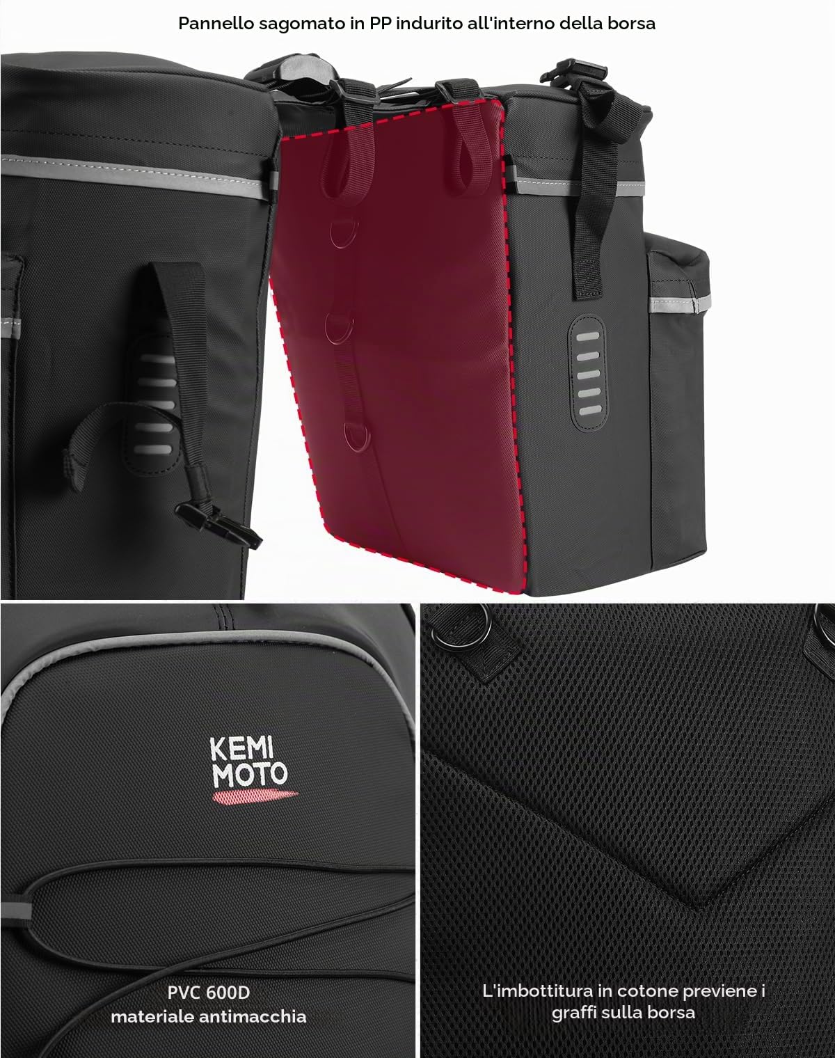 KEMIMOTO Borsa Bici 3 in 1, 52L Borse Bici Posteriore Laterali con Copertura Antipioggia, Borse per Bicicletta Posteriori Impermeabile, Nero