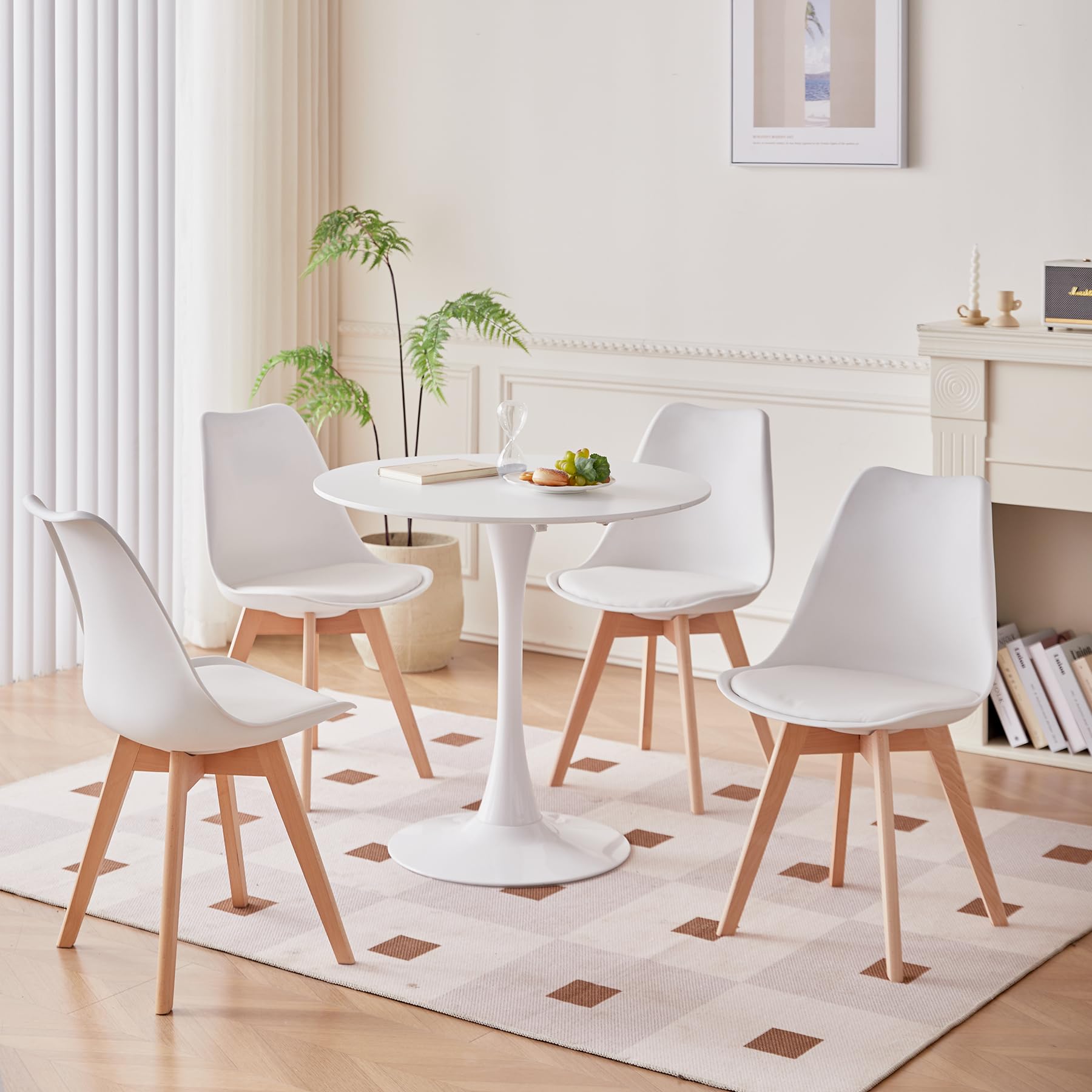 Set da tavolo rotondo e 4 sedie per cucina, terrazza, giardino, balcone o sala da pranzo, tavolo e sedie, set di 5 pezzi (bianco+DTYZ), DTYZ-05