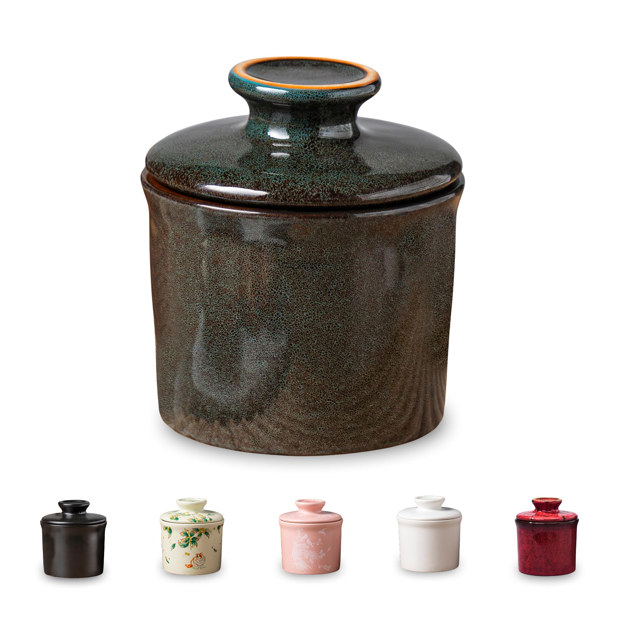 Pottery Butter Keeper Crock - Ceramic Butter Dish with Water Line for Countertop, Keep Butter Fresh (Greenish Brown)