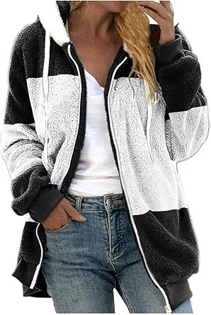 Fuzzy Fleece Jackets for Women Plus Size Hoodies Fall Winter Coats Color Block Patchwork Cardigan Coat with Pockets