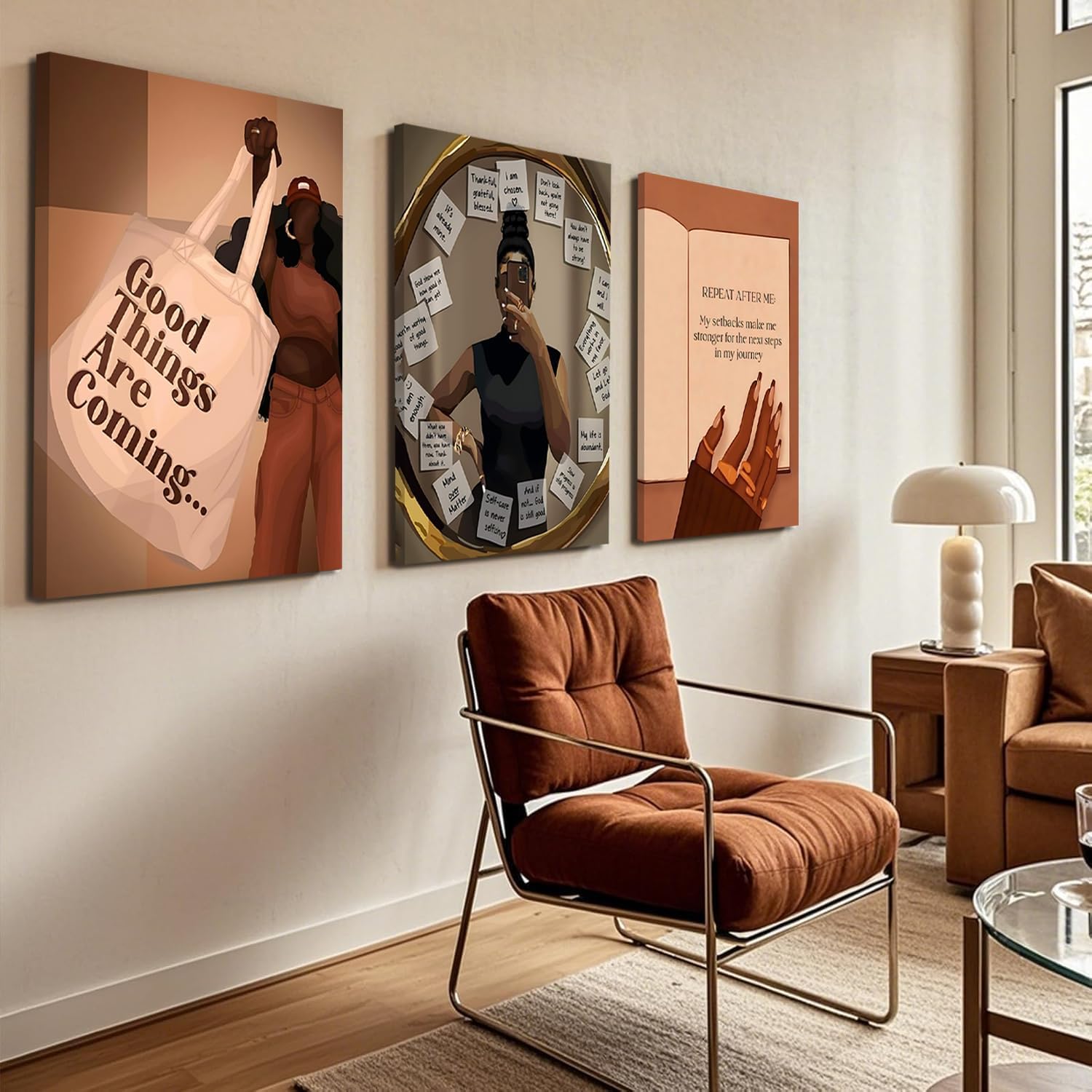 3pcs Black Girl Wall Art African American Wall Decor Paintings Fashion Abstract Black Woman Poster Canvas Prints Pictures for Living Room Bedroom 12x16 inch Framed