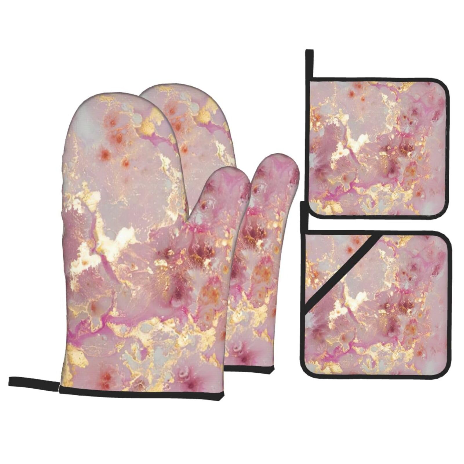 Pink Marble Texture Print 4-Piece Heat-Resistant Oven Waterproof Kitchen Gloves Cooking Roasting Essential