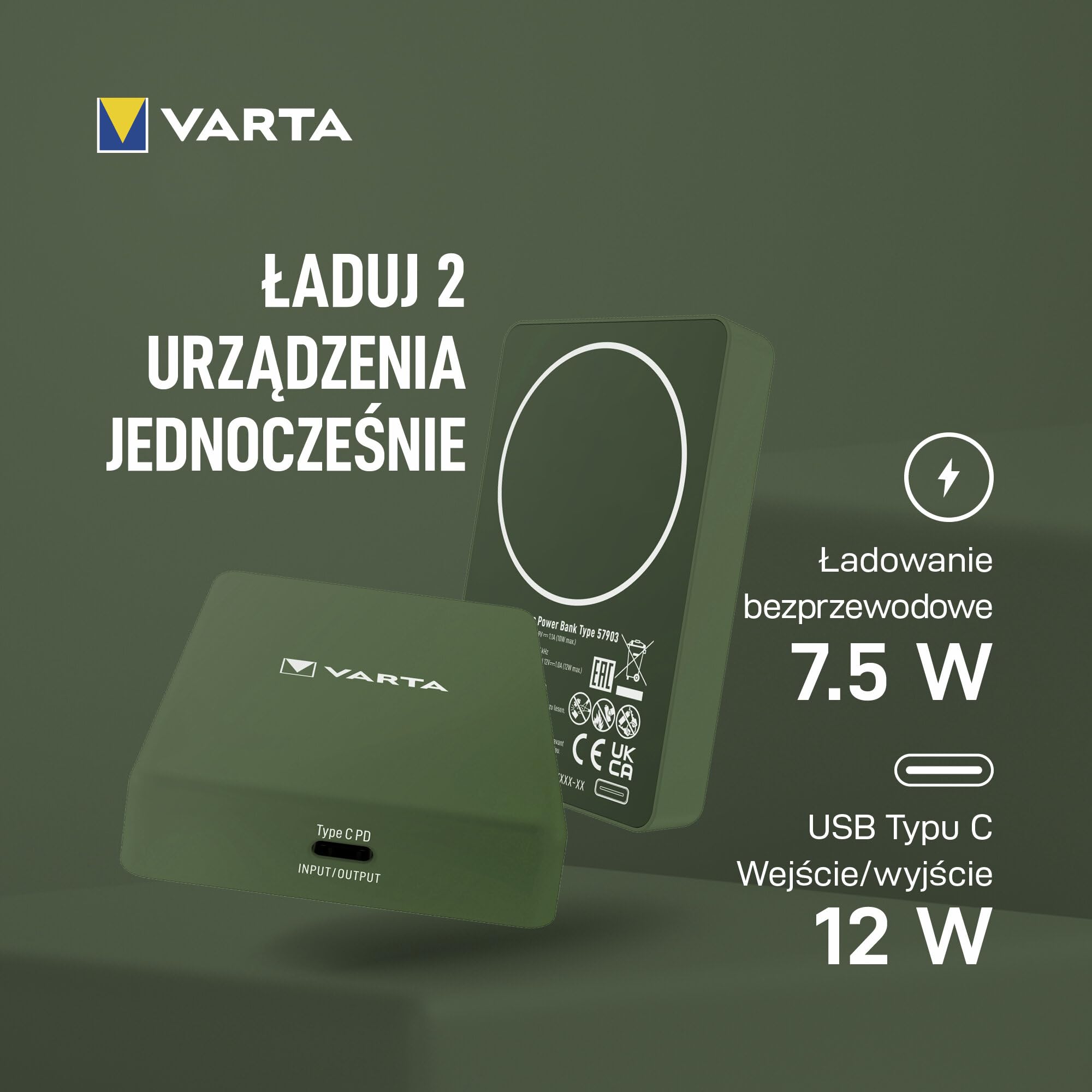VARTA Power Bank 5.000mAh, magnetyczna bezprzewodowa powerbanka, Mag Pro Power on Demand, 7,5W, ładowarka z portem USB Typ C, kompatybilna z MagSafe i standardem Qi (iPhones i Android), zielony