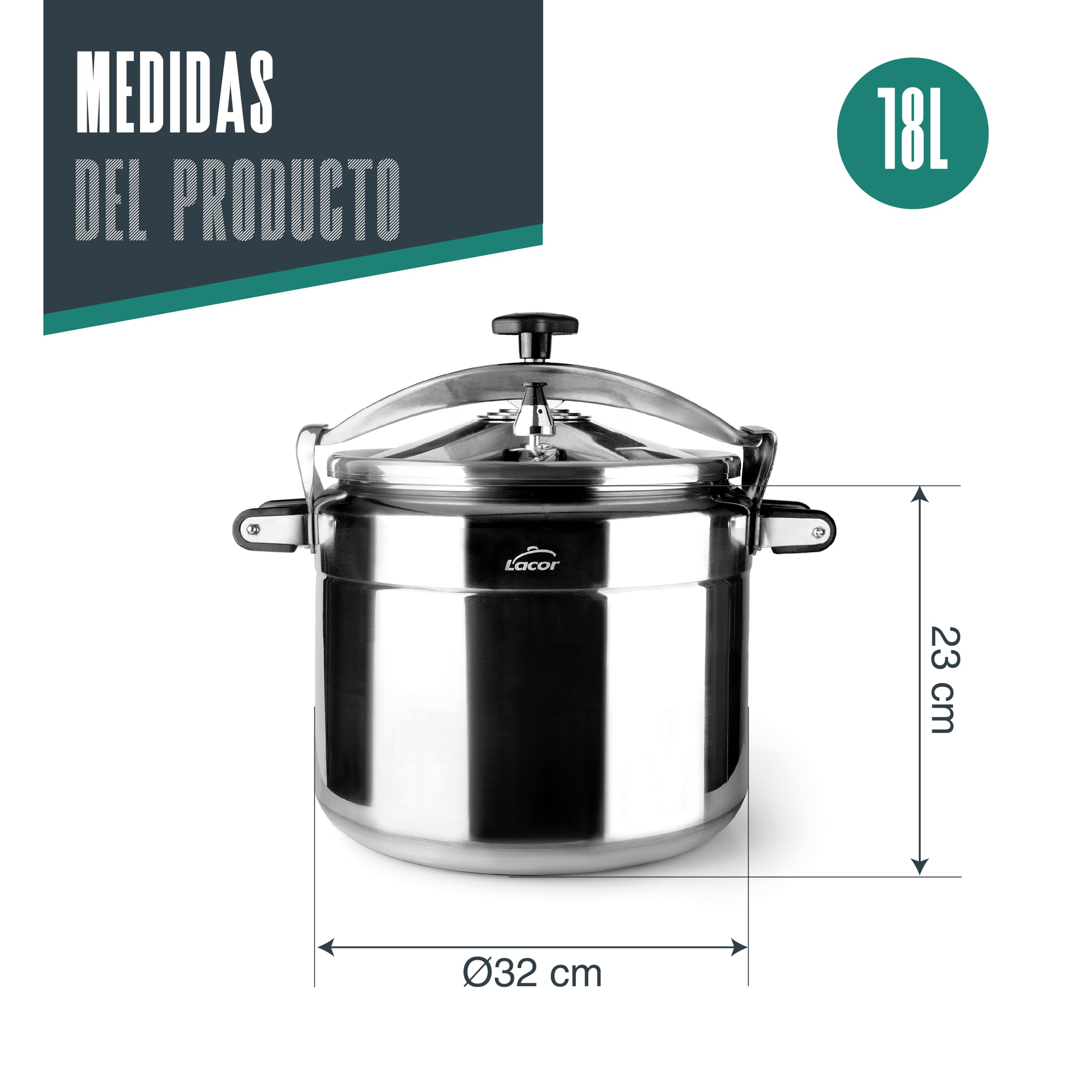 Lacor 20518 - Olla a presión rápida PRO Classic - Aluminio, 32 cm | En aluminio, para uso profesional y grandes cantidades; con 18 L de capacidad, cómodo de manejar y de guardar