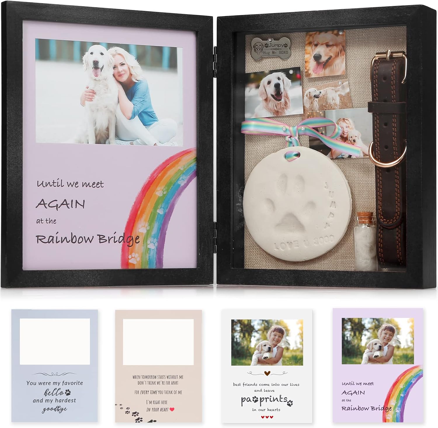 JupDec Dog Memorial Gifts Pet Shadow Box Wooden Picture Frame with Paw Print Keepsake for Loss of Dog & Cat Remembrance Sympathy Deep Display Case for Collar and Hair (Brown)