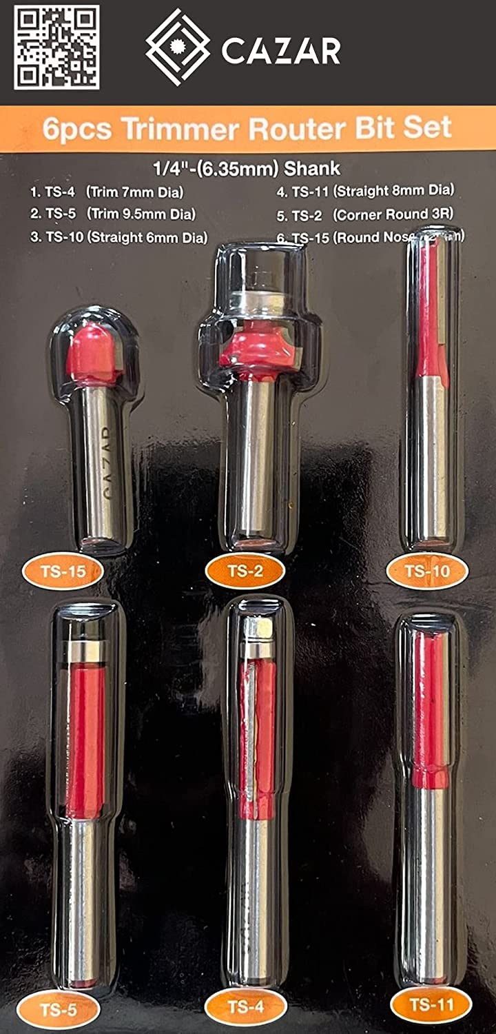 CAZAR CZ-TVS036 Variable 6-Speed Metal Body Wood Trimmer/Router (6-6.35 mm) with 6-Pieces Different Shaped 6.35 mm Router Bit Set, 6mm, 6.35mm and 8mm Collets, 3m long cord+Saftey Hand Gloves 3