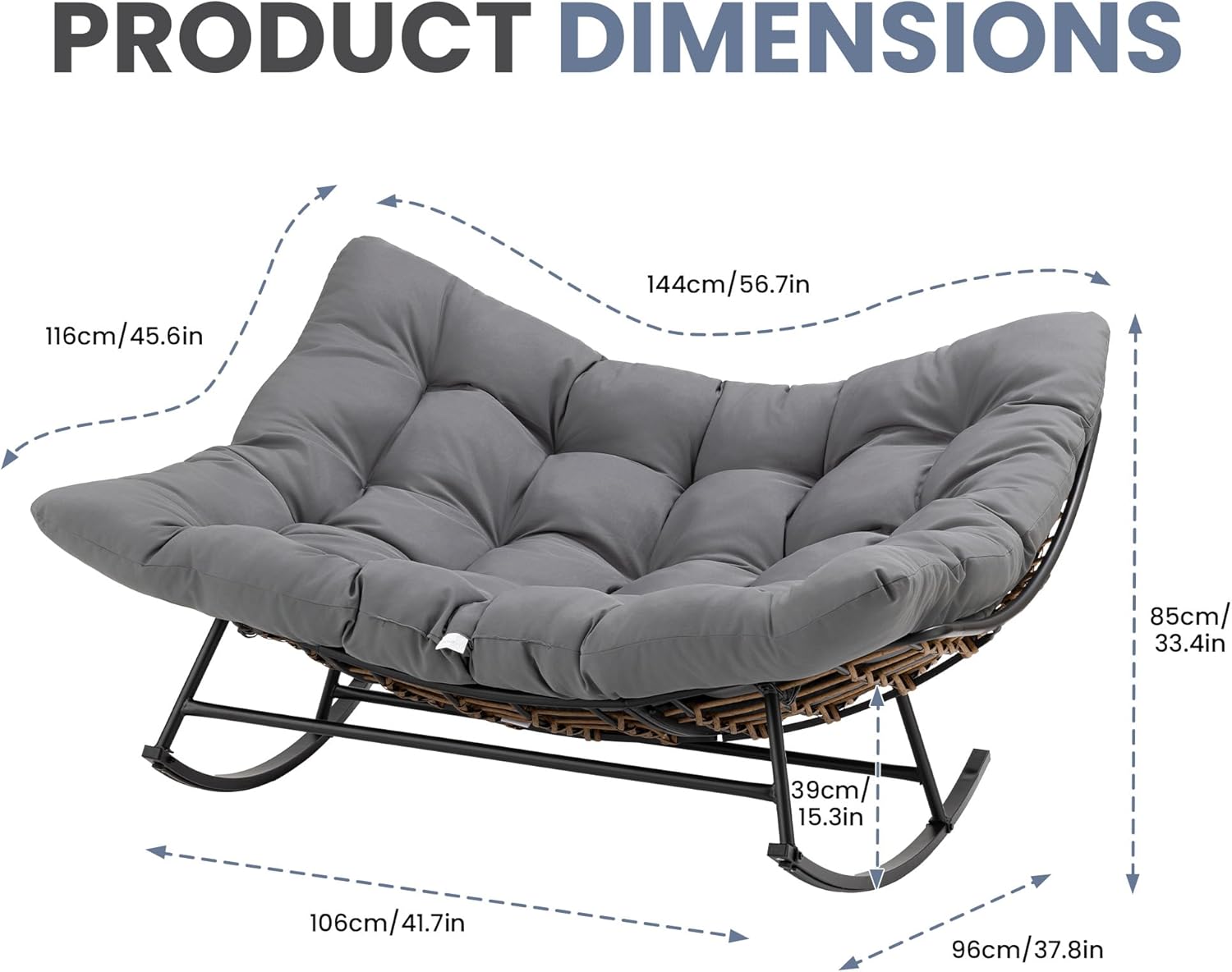COSIEST Oversized Papasan Rocking Chair with Extra Thick Cushion - 58 in Rattan Wicker Egg Chair for Indoor/Outdoor Use, Swivel Lounge Chair for Patio, Living Room, Bedroom, Grey