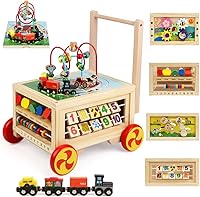 FOPNETS Wooden Activity Cube 7-in-1 Montessori Toys for 1+ Year Old Toddlers - Bead Maze, Shape Sorter, Magnetic Train Track, 1st Birthday Gift