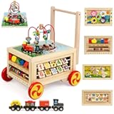 Wooden Activity Cube 7-in-1 Montessori Toys for 1&plus; Year Old Boys Girls Educational Learning Toys for Toddlers Age 1-2 One Year Old First Birthday Gift Bead Maze Magnetic Trains Track Shape Sorter