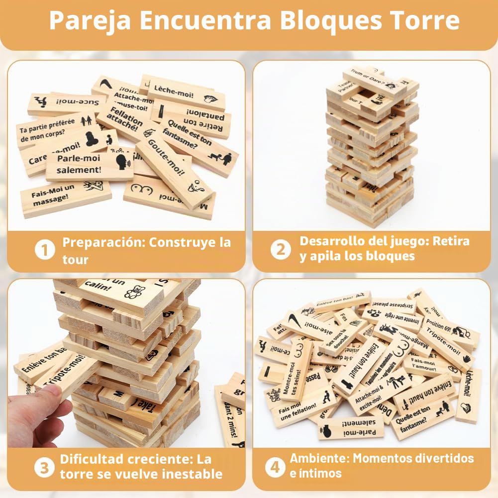 Juego De Torre De La Lujuria – 48 Bloques De Madera Con Retos Románticos Y Aventureros – Ideal Para Parejas, Noches De Cita Y Regalos Originales – Incluye Bolsa De Almacenamiento
