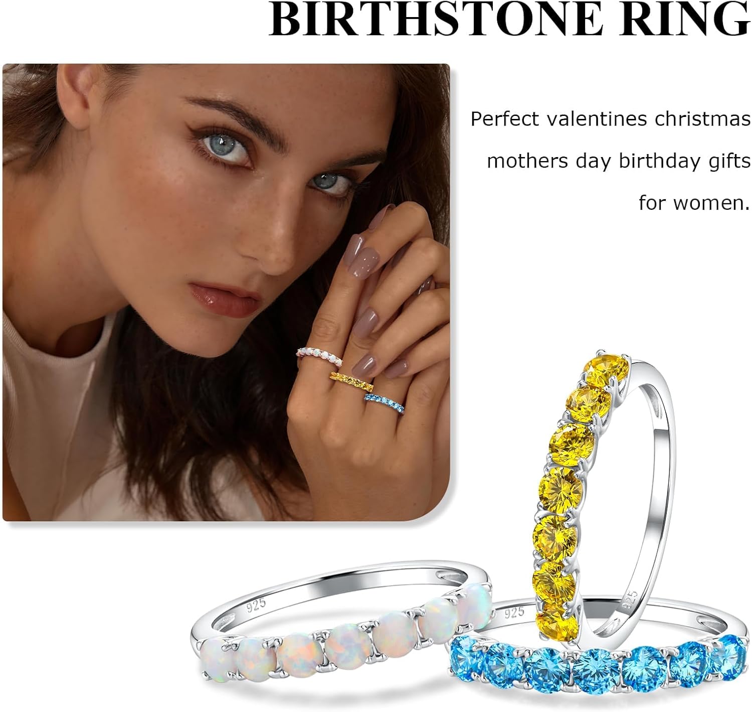 Birthstone Wedding Band Eternity Rings 925 Sterling Silver Rings Stackable Anniversary Engagement Rings Cubic Zirconia Inlaid Created Garnet/Amethyst/Sapphire Ring 7 Stone Ring, Size 6 to 10