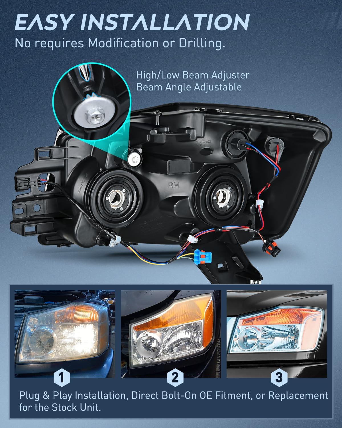 Nilight Headlight Assembly Compatible with 2004 2005 2006 2007 2008 2009 2010 2011 2012 2013 2014 2015 Nissan Titan 2004 2005 2006 2007 Armada Headlamps Replacement Chrome Housing Amber Reflector