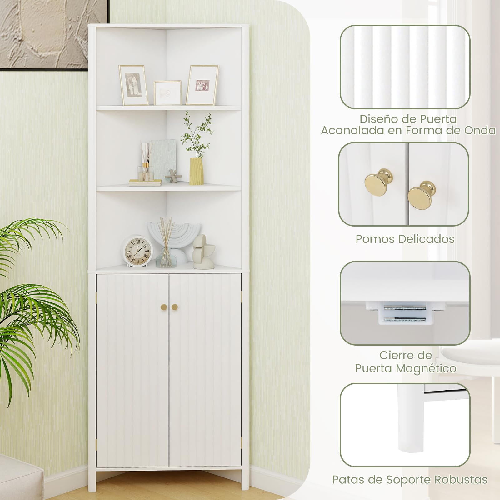 GOPLUS Armario Alto Esquinero, Armario de Esquina con 3 Estantes Abiertos y 2 Puertas Acanaladas, Mueble de Almacenamiento con Estante Ajustable para Baño, Sala de Estar, Dormitorio, Cocina (Blanco)