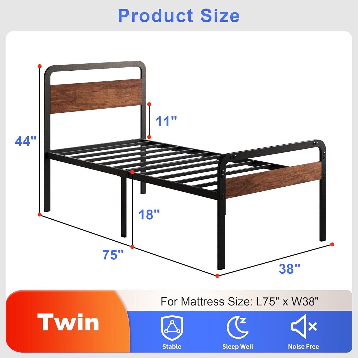 18 Inch Twin Bed Frame with Wood Headboard, Heavy Duty Metal Slats, with Under Bed Storage, No Noise, No Box Spring Needed, Easy Assembly, Black - Image 2