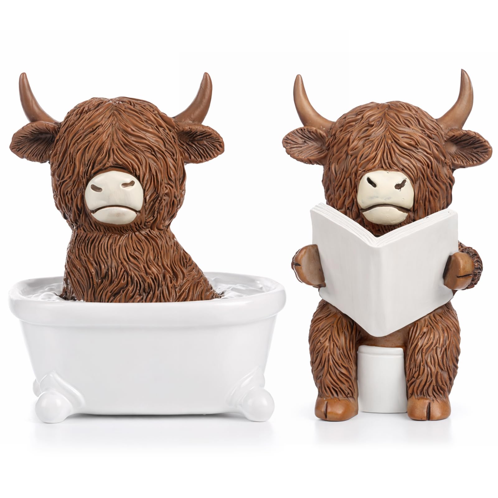 Vspek Highland Cow Figurines, 2 Pcs Home Decor Bathroom Ornaments, Home Garden Kitchen Office Tiered Tray Table Decor, Gifts for Women Men