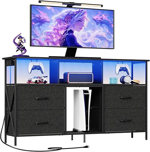 Mueble para TV, centro de entretenimiento con tomas de corriente y luz LED, mesa consola multimedia con cajones y estantes abiertos, cómoda para TV