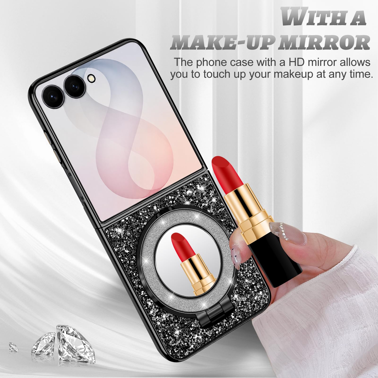 Silikon-Schutzhülle für Samsung Galaxy Z Flip 8 5G, Glitzer, glitzernd, matt, mit Mag-Safe, Make-up-Spiegel, Ständer, stoßfeste Schutzhülle für Samsung Z Flip 8, Schwarz