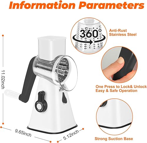 Miniatura 3 de Rallador rotativo de queso, triturador de queso, rallador de queso con mango con 3 cuchillas intercambiables, para queso, papa, fruta, nueces,
