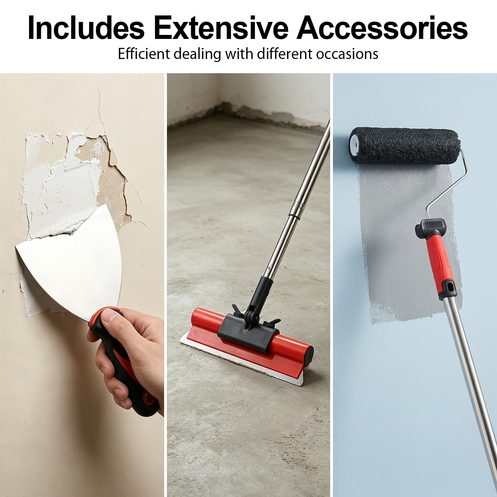 6 Piezas Set para Alisado de Drywall, Kit de Espátula de Alisado de 50 cm con Rodillo Alisador, Herramientas de Acero Inoxidable con Mango Telescópico, Para el Enlucido de Techos y Paredes