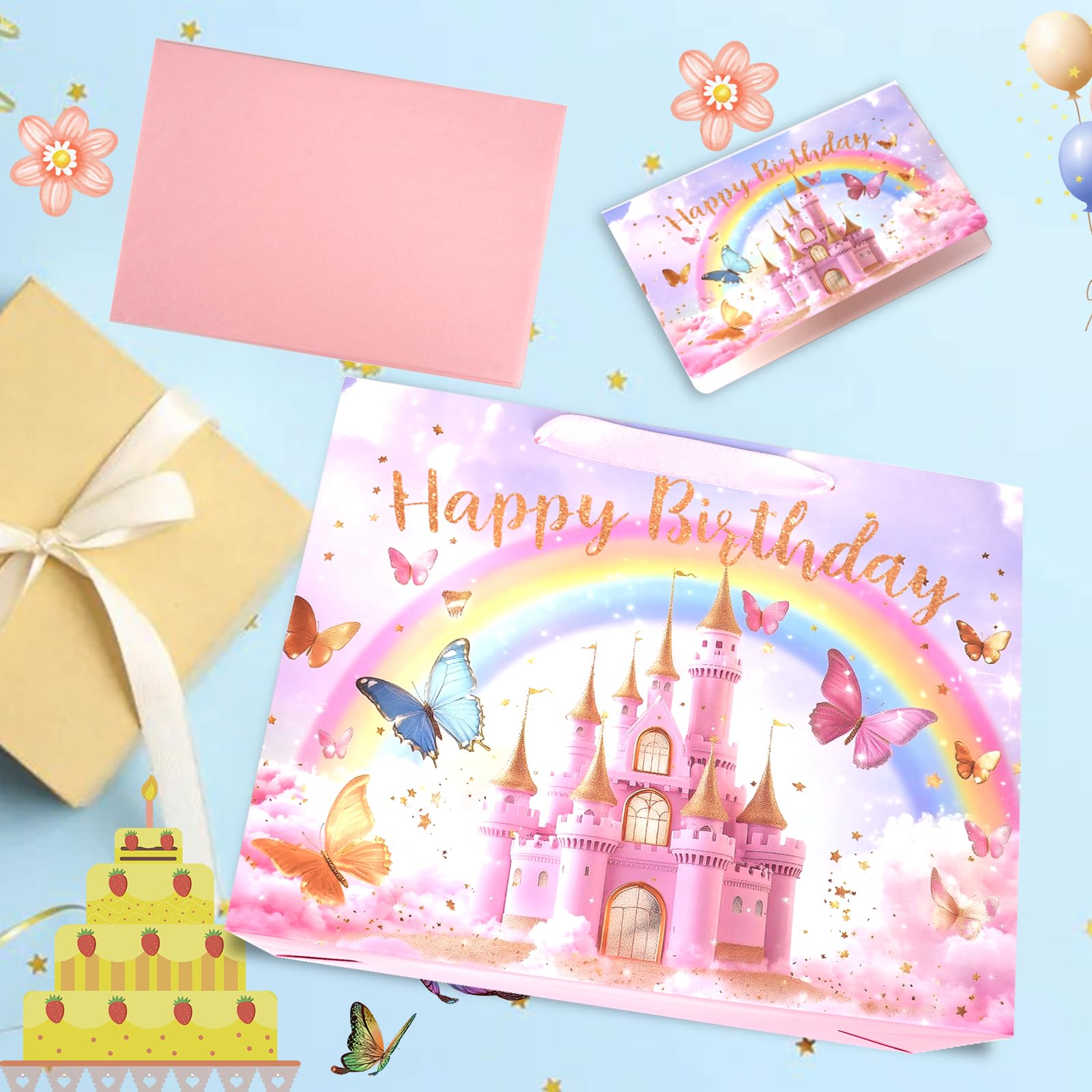 JOARHONAL Princess Castle Gift Bag - 13" Large Happy Birthday Gift Bag with Tissue Paper and Card for Girls Kids Pink Princess Themed Birthday Party Supplies