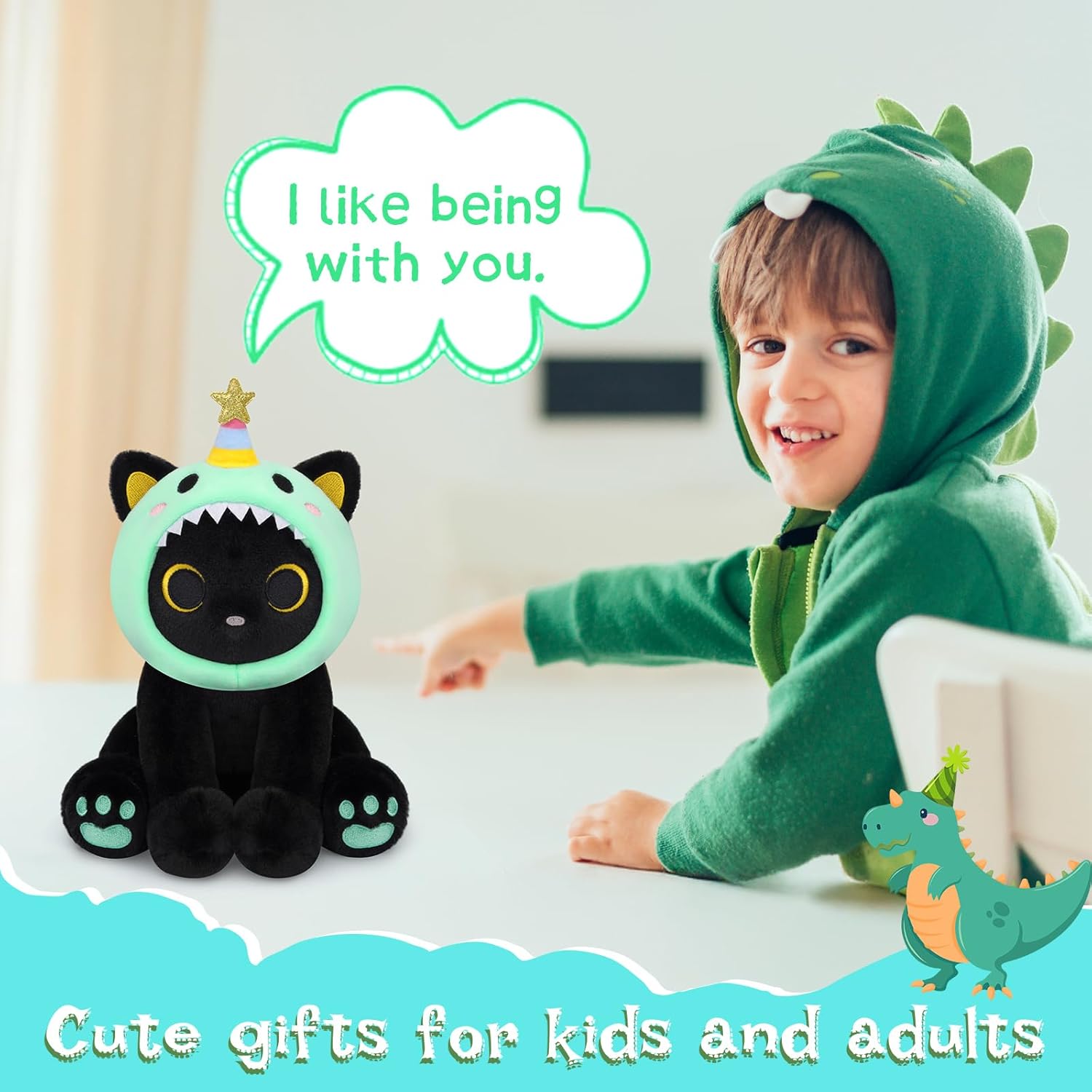 Dinosaur Plush, 8inches Black Cat Plush with Green Dino Plushie Hood Removable, Cute Plushies Shiny Dinosaur Stuffed Animal Doll Toy Birthday Gifts for Kids Boys Girls
