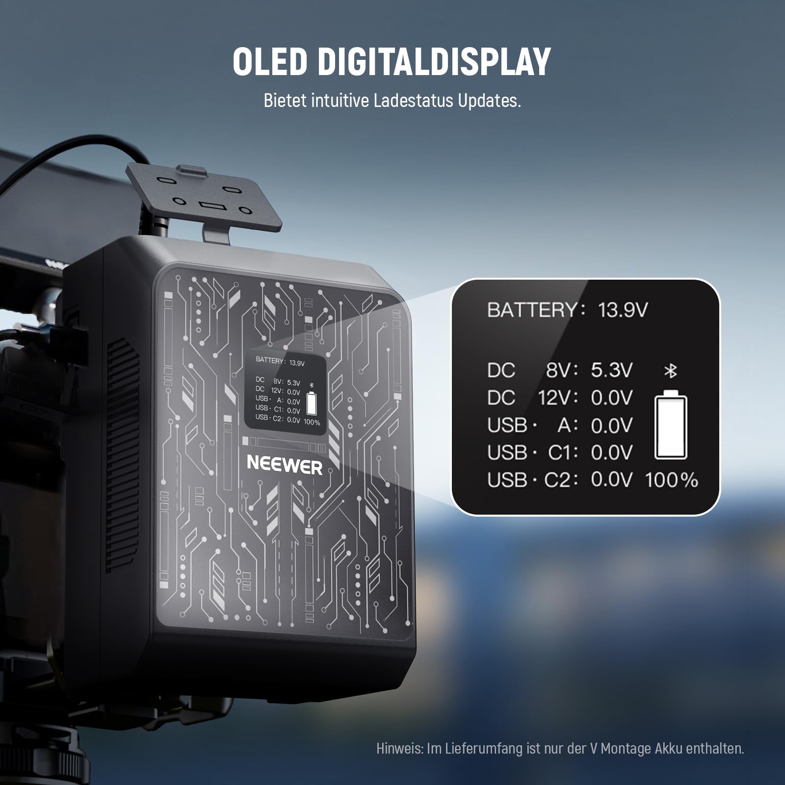 Neewer Mini V Mount Battery Smart APP Steuerung 6800mAh 99Wh 100W PD Schnellladung mit OLED/Reinigungstuch Backup Stromversorgung Kompatibel mit BMPCC 4k 6k Camcorder Kamera Monitor Videolicht – Bild 7