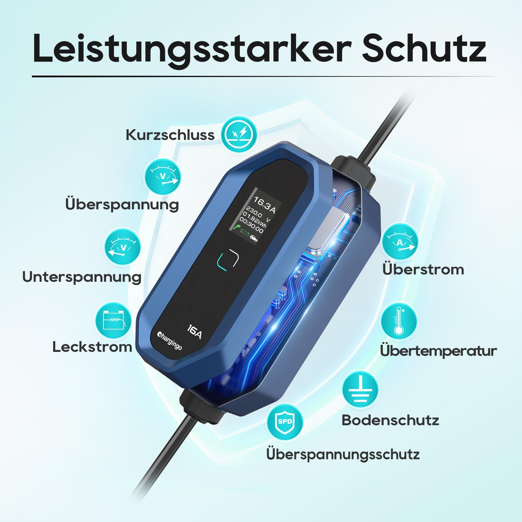 Typ 2 Ladekabel Schuko 3,68kW 6-16A Einstellbarer Strom mit LCD-Display, 5M Kabel, Tragbares EV Ladegerät für Allen Elektroautos IEC 62196-2 Typ 2 und CCS2-Stecker, IP65