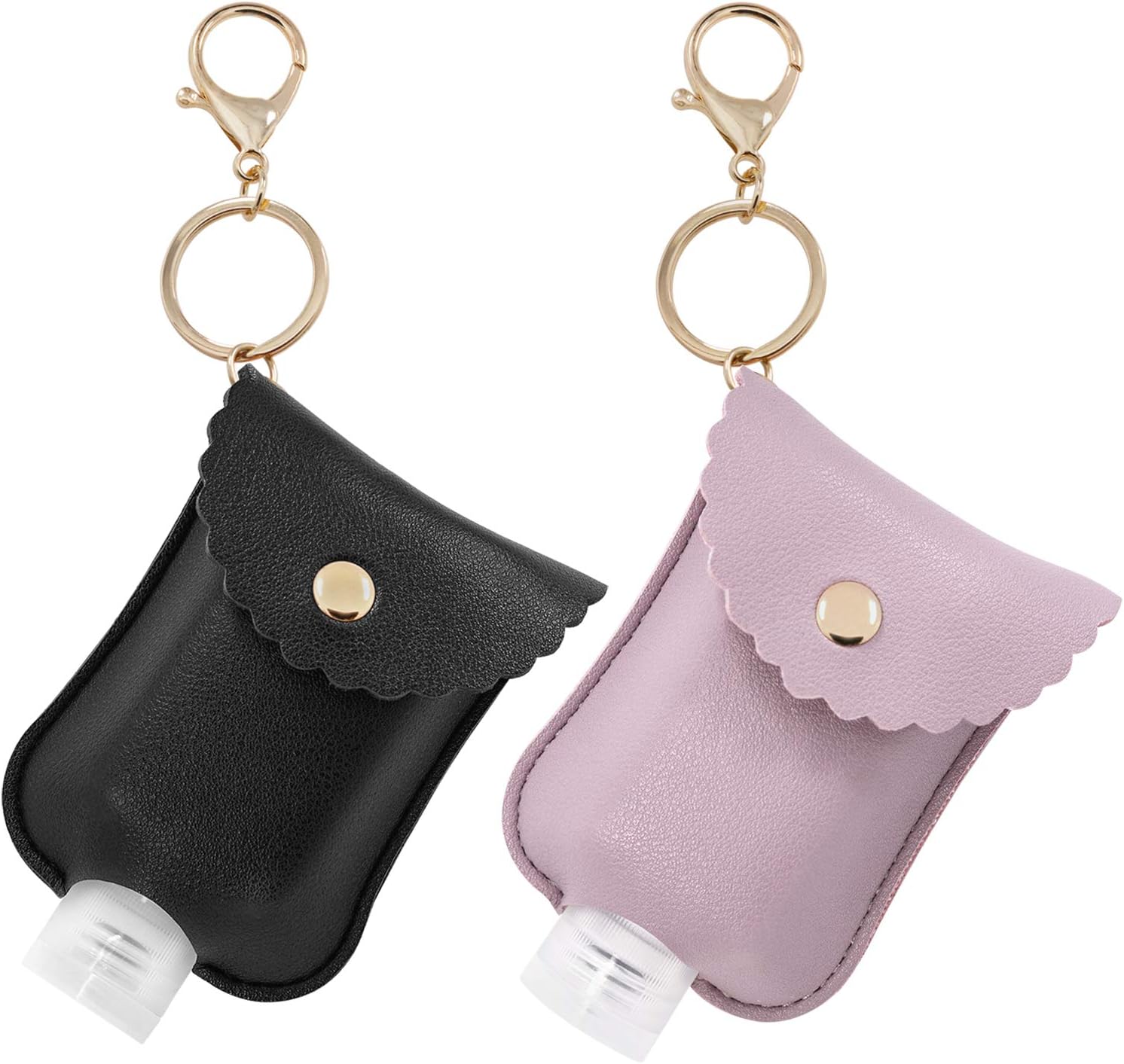 Hzran (Black&Lilac) - Portable Squeeze Bottle, Empty Leakproof Plastic Travel Bottle with Leather Keychain Holder for Hand Sanitizer, Essential Oil, Refillable Bottle Clips to Nappy Bag, Travel Bag...