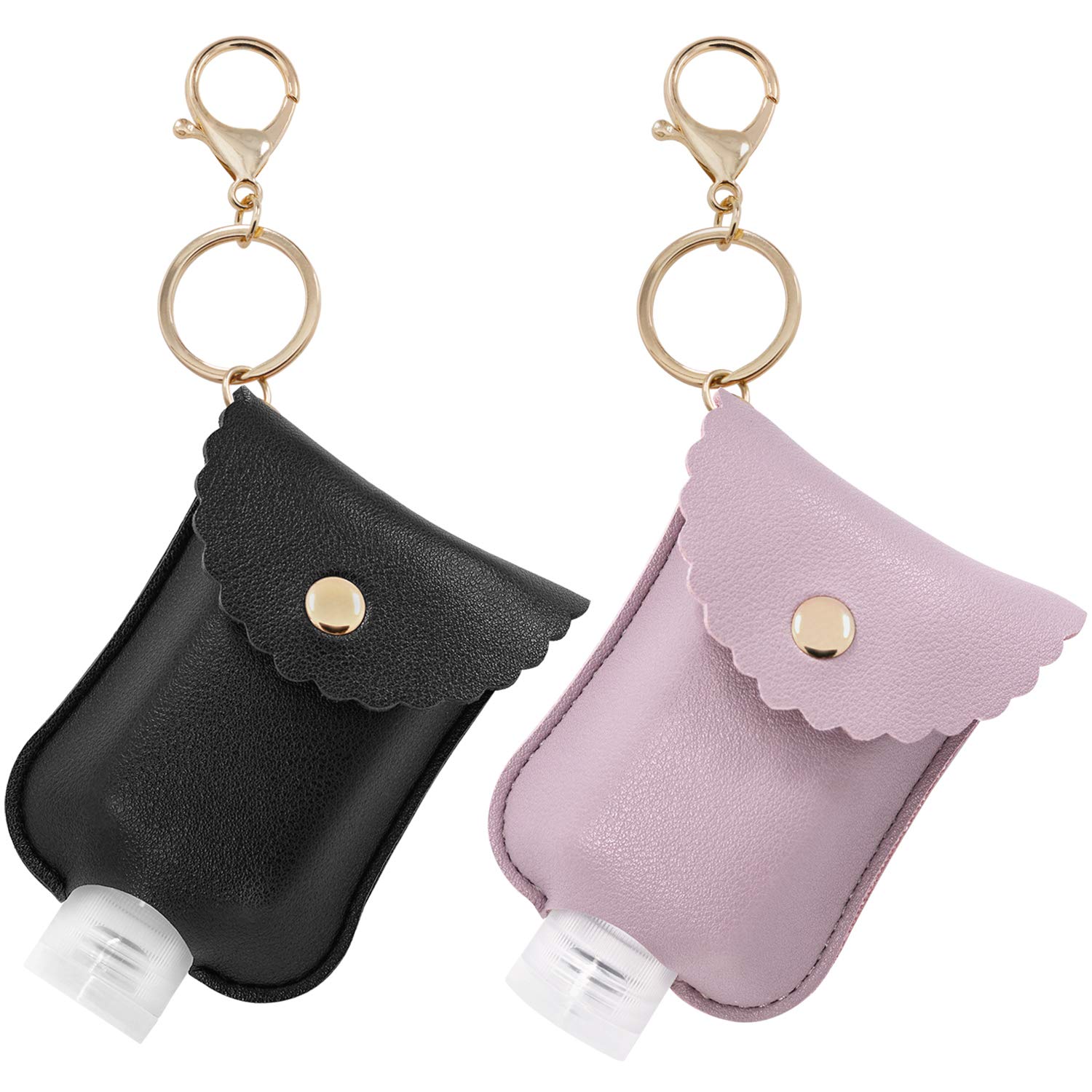 Hzran (Black&Lilac) - Portable Squeeze Bottle, Empty Leakproof Plastic Travel Bottle with Leather Keychain Holder for Hand Sanitizer, Essential Oil, Refillable Bottle Clips to Nappy Bag, Travel Bag...