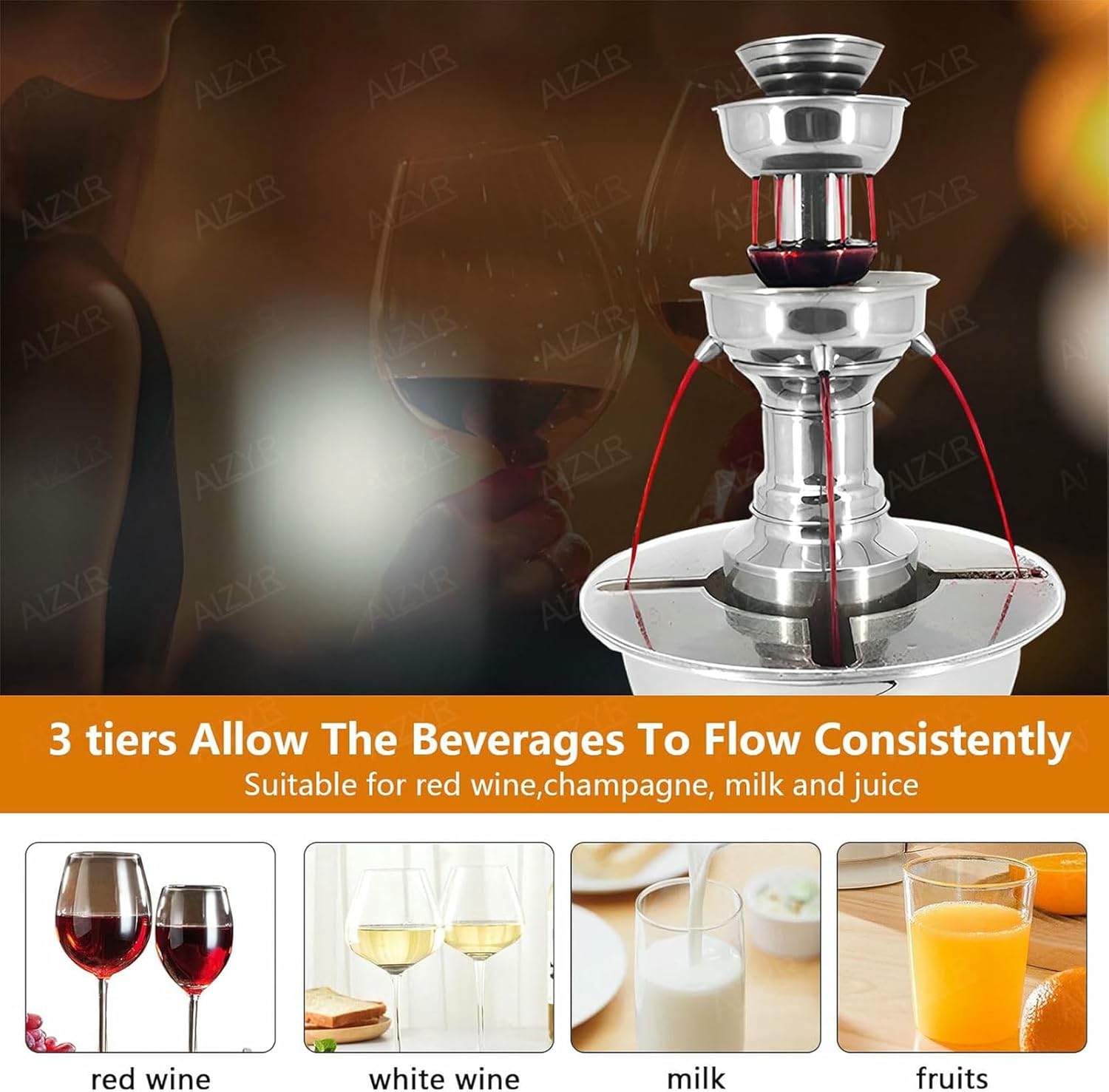 Wine Fountain Machine 3 Tier Electric Juice Fountain Machine, Red Wine Dispenser Wine Fondue Tower for Kitchen Party Wedding