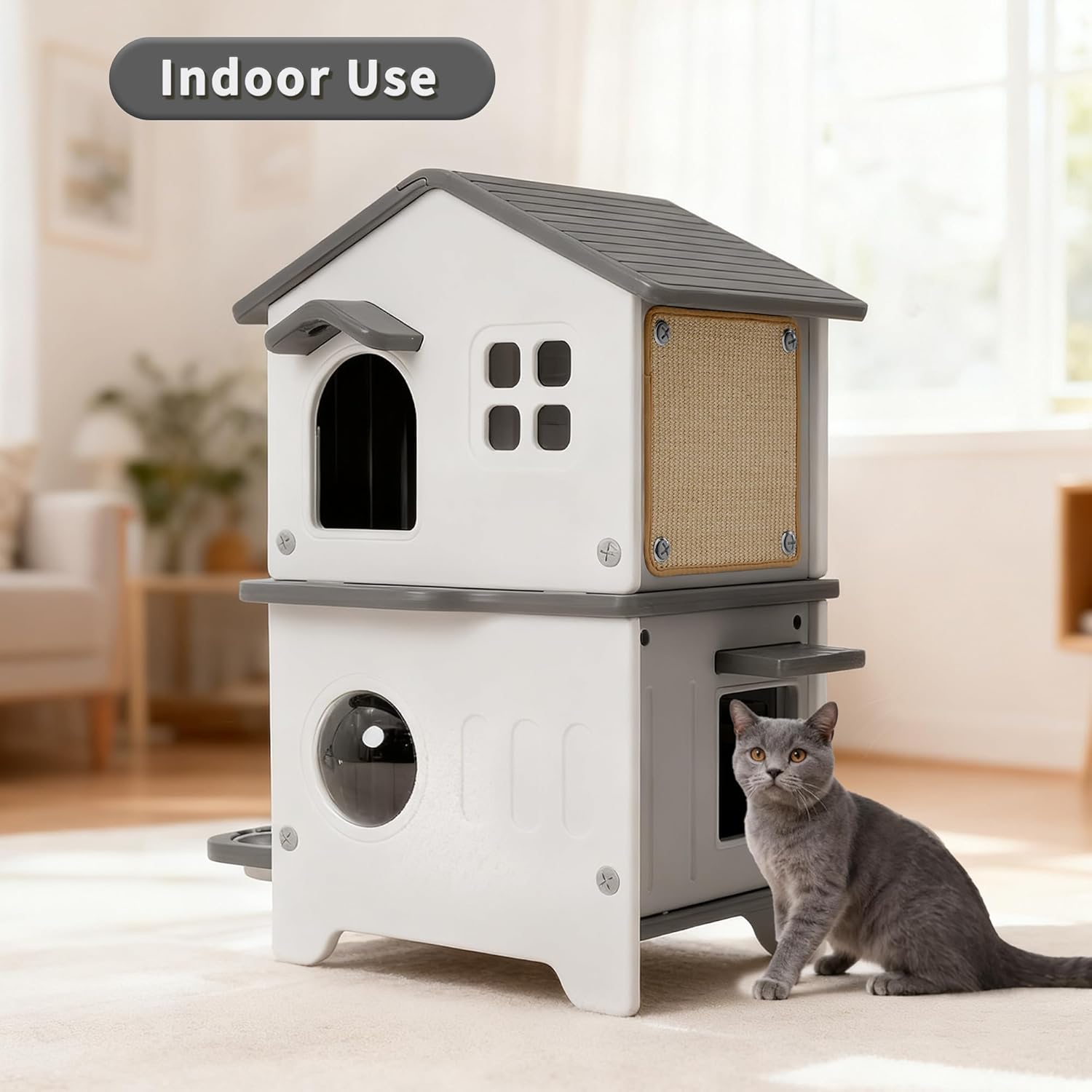 Rockever Outdoor Cat House, 2-Story Waterproof Cat House for Outdoor Cats with Escape Door, Elevated Feral Cat House Indoor, Sturdy Stainless Steel Bowl & Scratching Post, Clean Easily(Grey)
