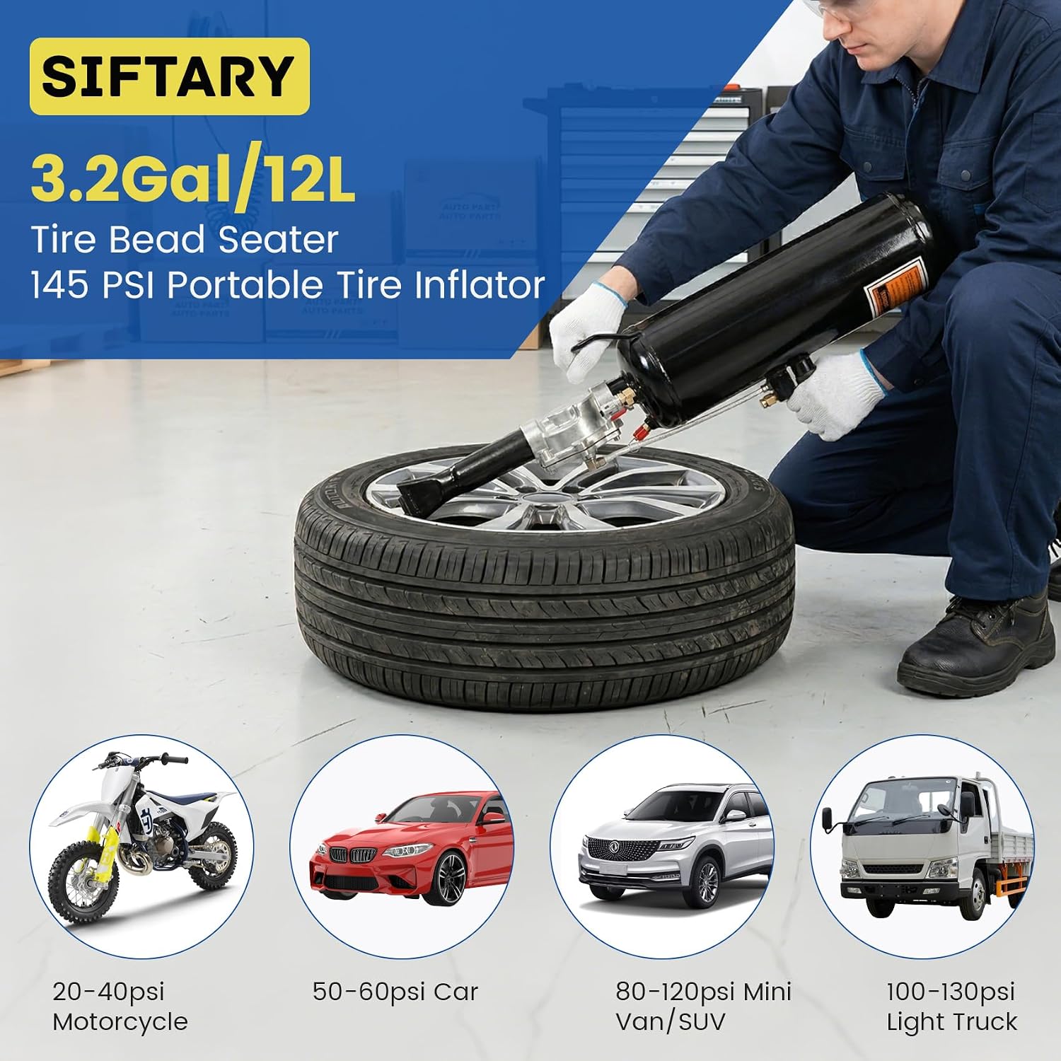 3.2Gal/12L Tire Bead Seater,145 PSI Portable Tire Inflator Tool, Tire Bead Seater 87-116 PSI Operating Pressure for Tractor Truck ATV Car and Automobile Repair