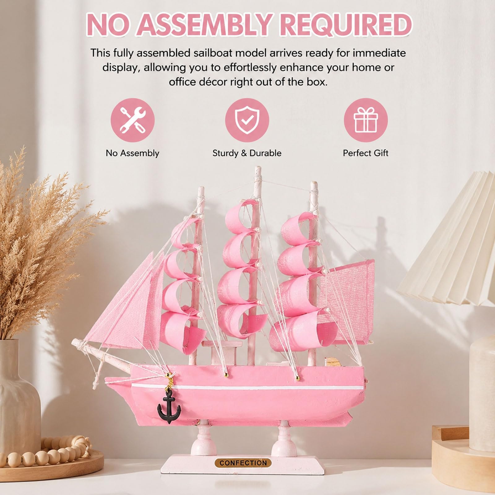 YLME Rosa Segelboot-Dekomodell Dekoratives Segelschiff Mit Realistischen Segeln Und Anker Akzent Für Strandhaus/Regal Für Schreibtisch/Tisch Einzigartige Geschenkidee,30cm
