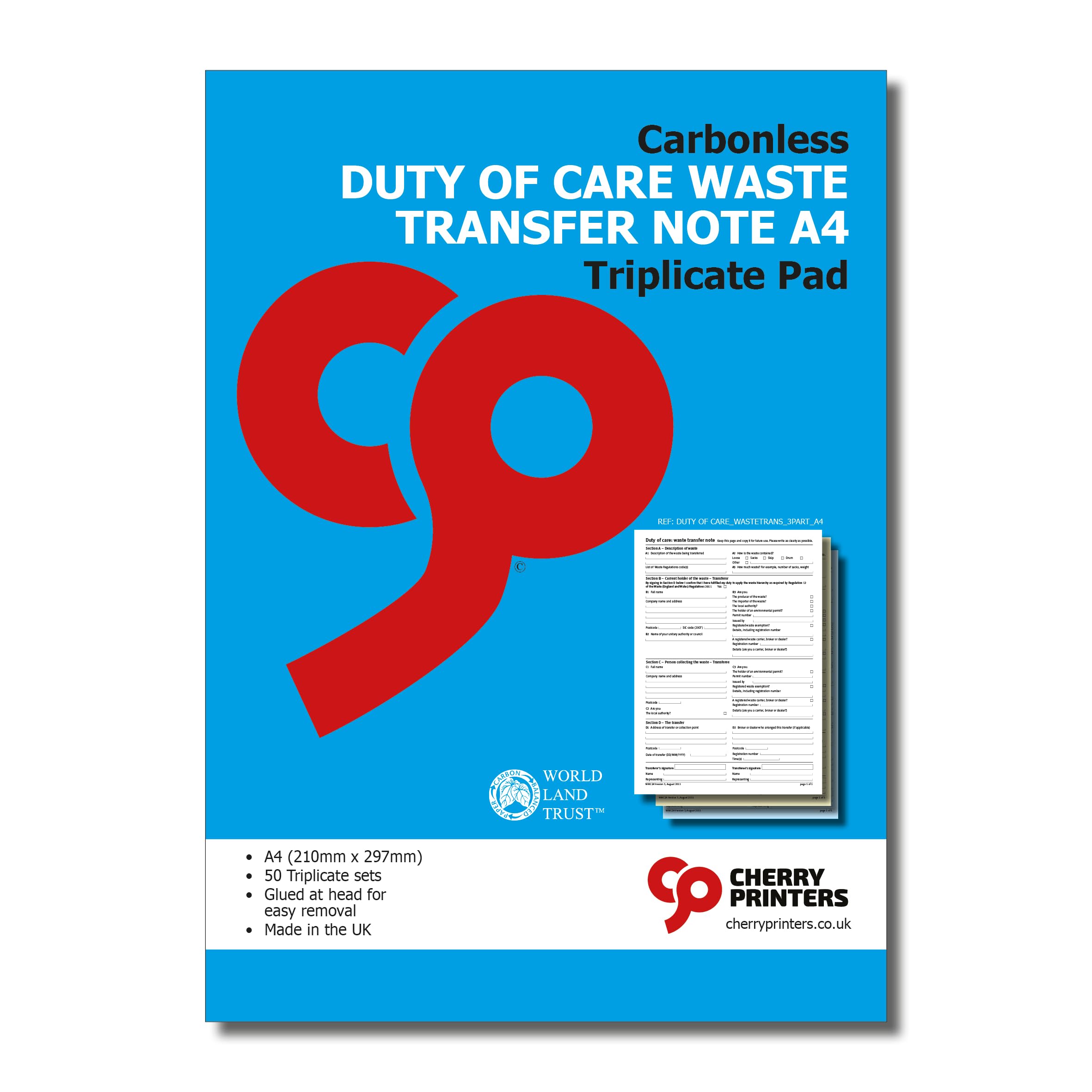 Cherry Printers NCR Duty of Care Waste Transfer Note Triplicate A4 Pad | Carbonless Waste Disposal Record Book | 50 Sets | Glued at The Head for Easy Removal | Compliant with Waste Regulations