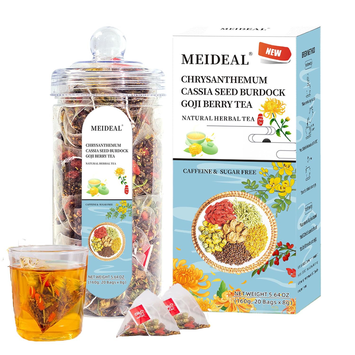 Meideal Chrysanthemum Cassia Seed & Burdock Goji Berry Tea, Liver Cleanse & Detox Herbal Tea Bags, Dandelion Wolfberry Tea, 20 Count, Vegan, Sugar-Free & Caffeine-Free (ONE BOX)