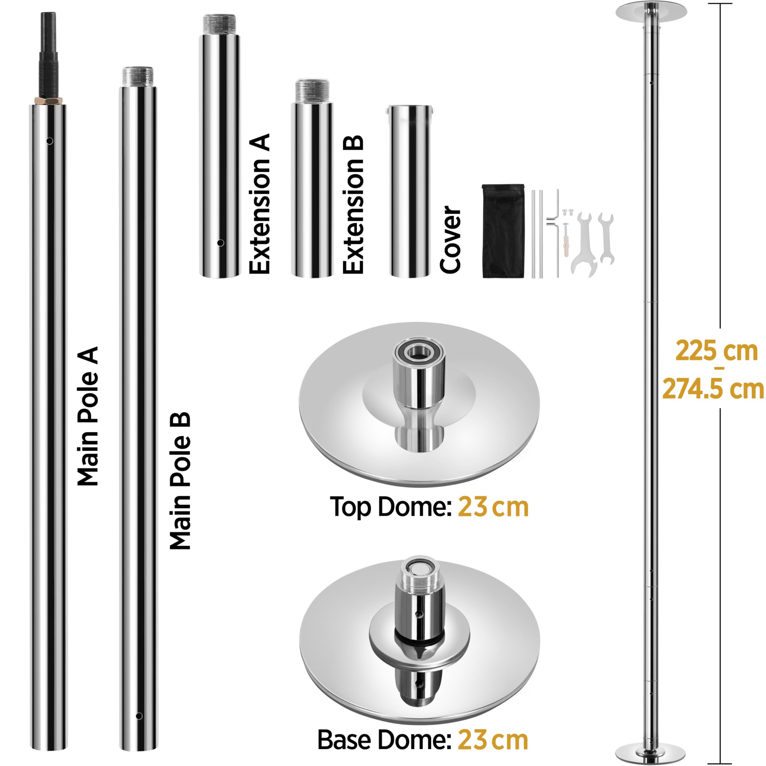 Abician Barre de Pôle Dance Professionnelle 45 mm Hauteur Réglable 225 cm à 274,5 cm Statique et Rotation Chargeable jusqu'à 200 kg