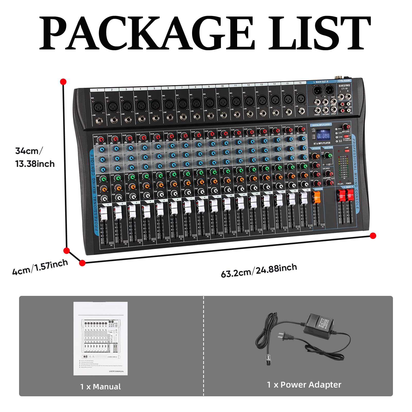 Mixer per scheda audio a 16 canali, mixer per DJ, effetto DSP a 16 bit, mixer audio USB + 48 V Phantom Power Bluetooth Mixer per karaoke Studio Streaming Registrazione, Live Streaming