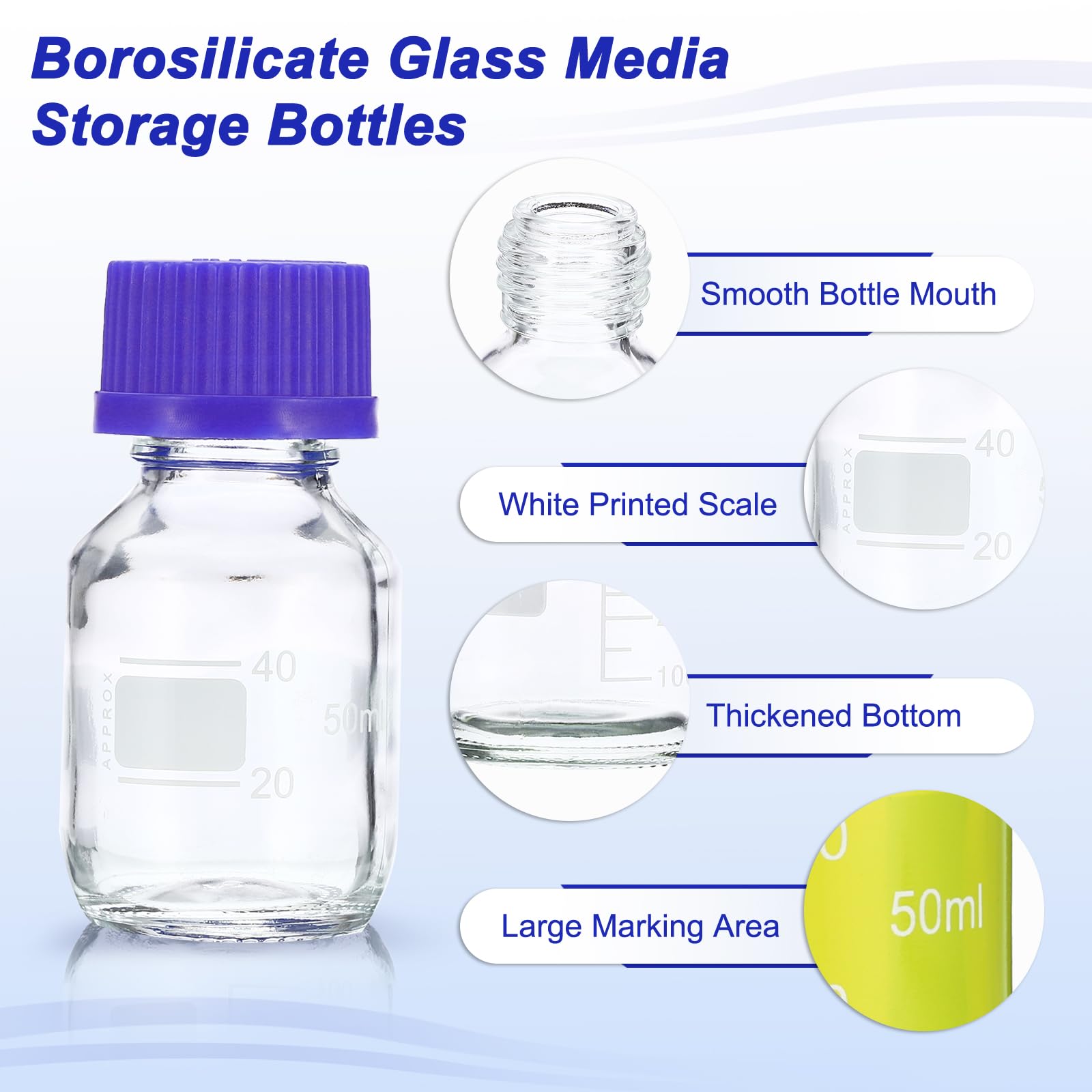 PATIKIL 8 Pack Reagenz Medien Lagerung Flaschen 50ml Borosilikat Glas Graduiert Rund Flaschen mit GL32 Blau Schraubkappe für Labor Wasser Reagenz Flüssigkeiten Klar