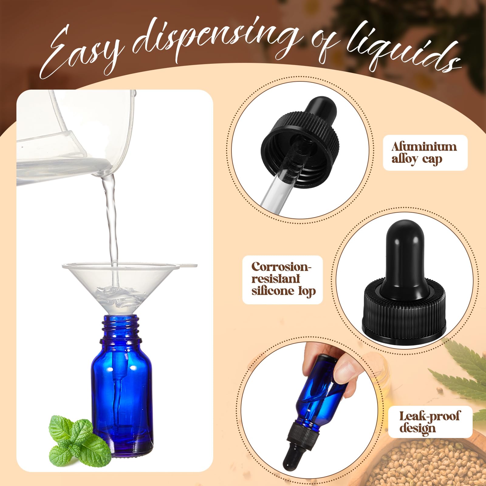 Lallisa Tropfflaschen für ätherische Öle, Glasflaschen mit Augentropfenspender, Tropfflaschen mit 5 Trichtern, 5 Pipetten, 3 ml, 100 Etiketten für ätherisches Öl, Parfüm (blau, 15 ml, 100 Stück)