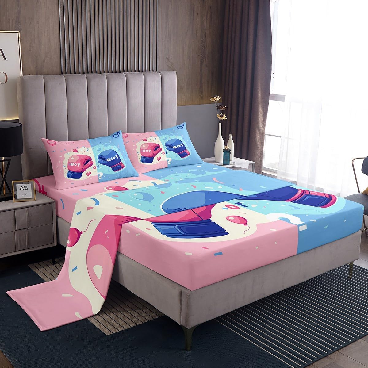 Erosebridal Boxing Kids Sheet Sets, Gender Reveal Theme Bed Sheets Set for Baby Toddler Party Decor, Blue Pink Boxing Gloves Bed Set Cute Balloon Sheets for Bedroom, King Size 4 Pieces