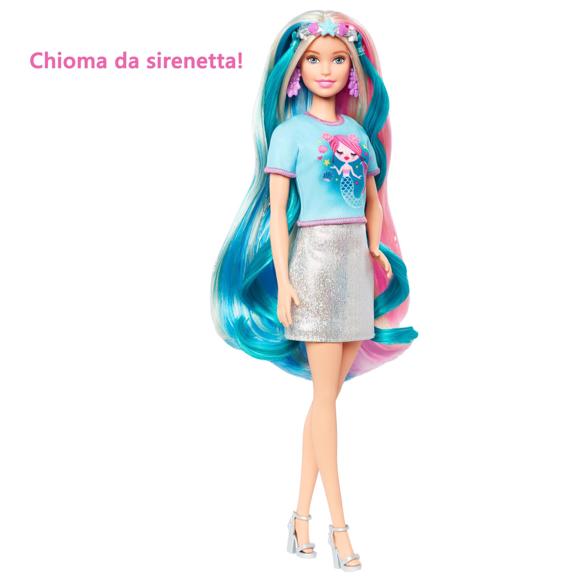 Barbie Bambola Capelli Fantasia A Tema Unicorni E Sirene con Accessori, Giocattolo Per Bambini 3+ Anni, GHN04