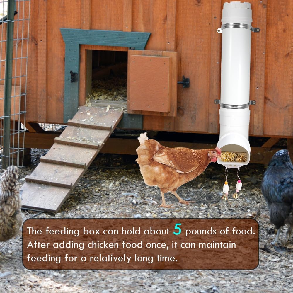 Kalakey Automatic Chicken Feeder, Hanging PVC Tube Chicken Coop Feeder with Chew Toy Bell, Holds 6lbs Feed for Hens Chicks, Grit and Oyster Shell Feeder