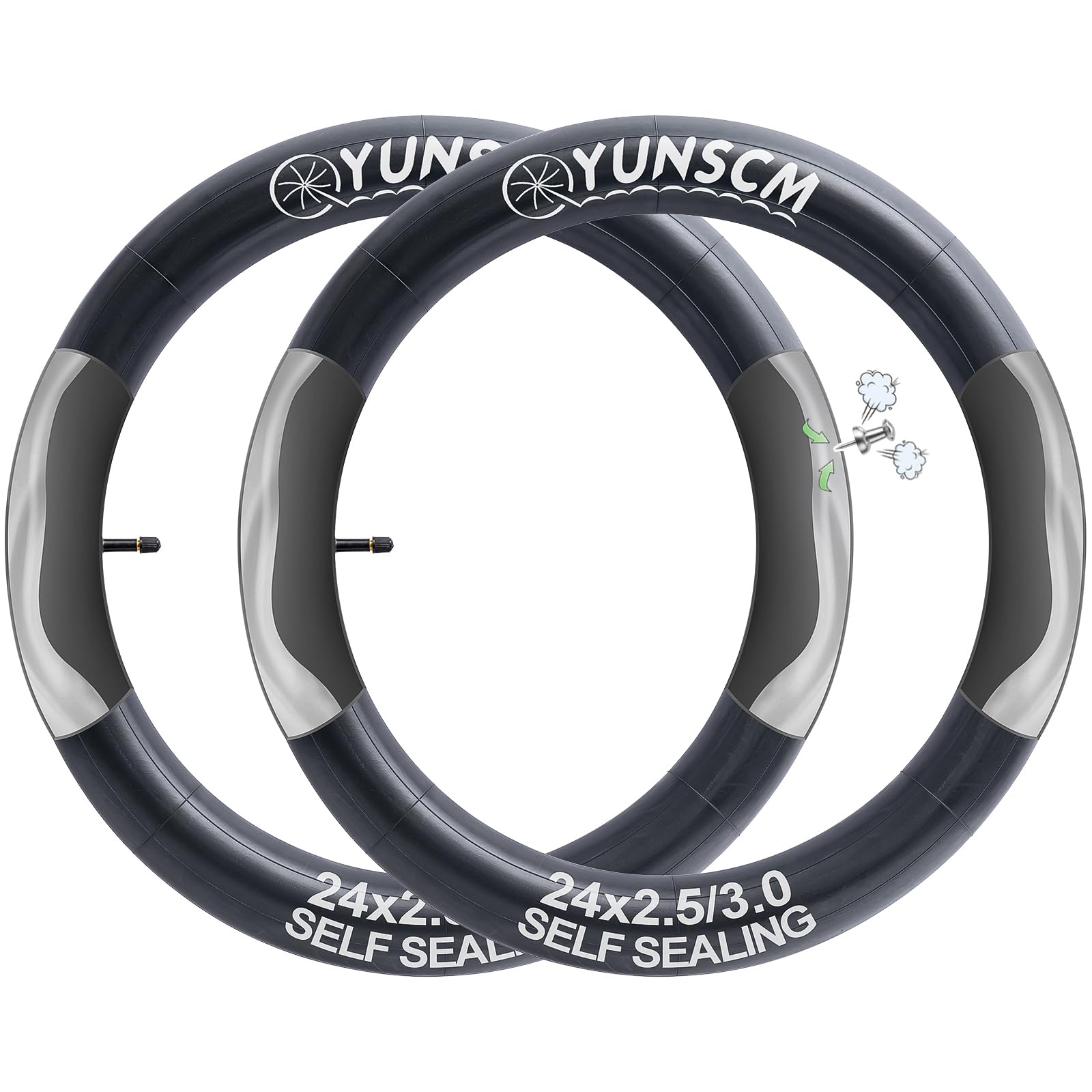 YunSCM 2Pcs 64/76-507 Self-Sealing 24 inch Fat Bike Inner Tubes 24x2.5 24x3.0 AV32mm Schrader Valve Automatic Repair Puncture Resistant Tube Compatible 24x2.5/3.0 Fat Bicycle Tyre Inner Tube