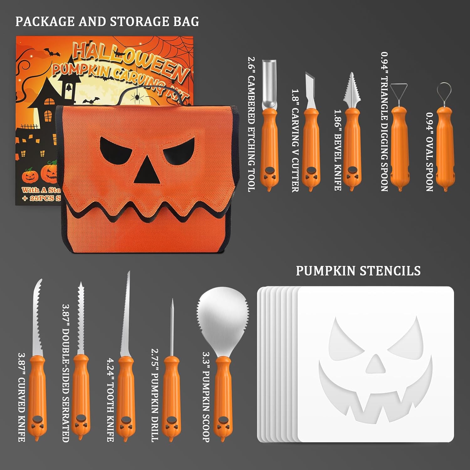imarku Halloween Pumpkin Carving Kit Tools, 10 PCS Professional Carving Knife with Unique Storage Bag and 25 PCS Pumpkin Carving Stencils, Stainless Carving Set for Halloween Decor, Home Essentials