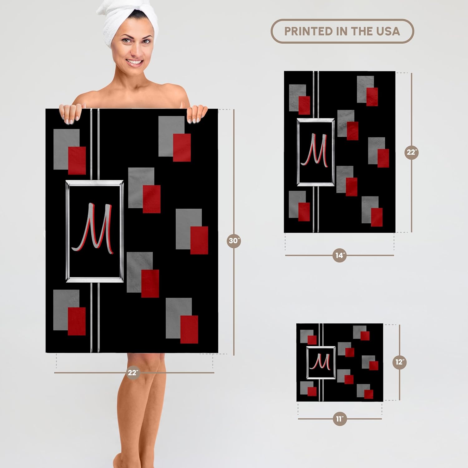 3dRose Modern Geometric Black Red Grey Square Pattern Monogram Letter M 22x30 Bath Hand Pool Towel