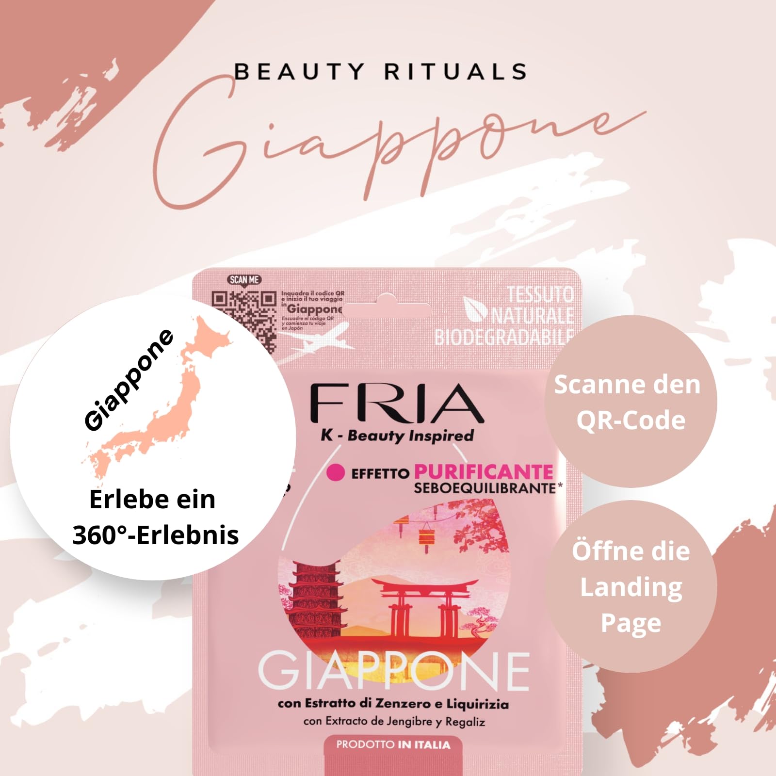 Fria K-Beauty Maschera Viso Giappone con estratto di Zenzero, Cannella e Pimpinella, Effetto Purificante e Sebo Equilibrante sulla Pelle, Dermatologicamente Testata, Confezione da 1 Maschera