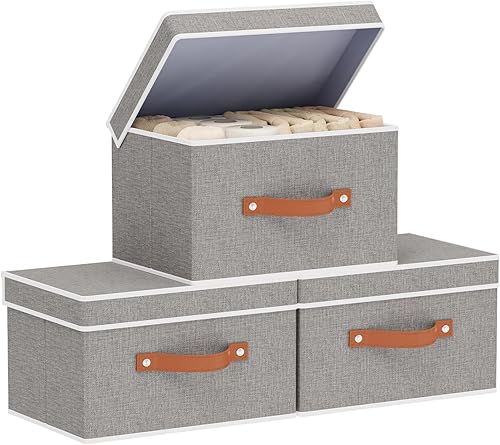 Cesta de almacenamiento de tela con tapas, contenedores de almacenamiento plegables de lino, cajas organizadoras de armario con asas dobles, gris,